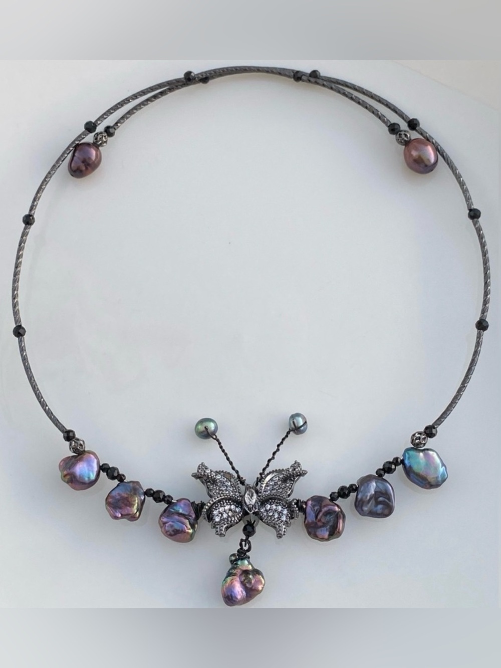 N32-Handmade Flower Petal Pearl And Black Obsidian Butterfly Necklace